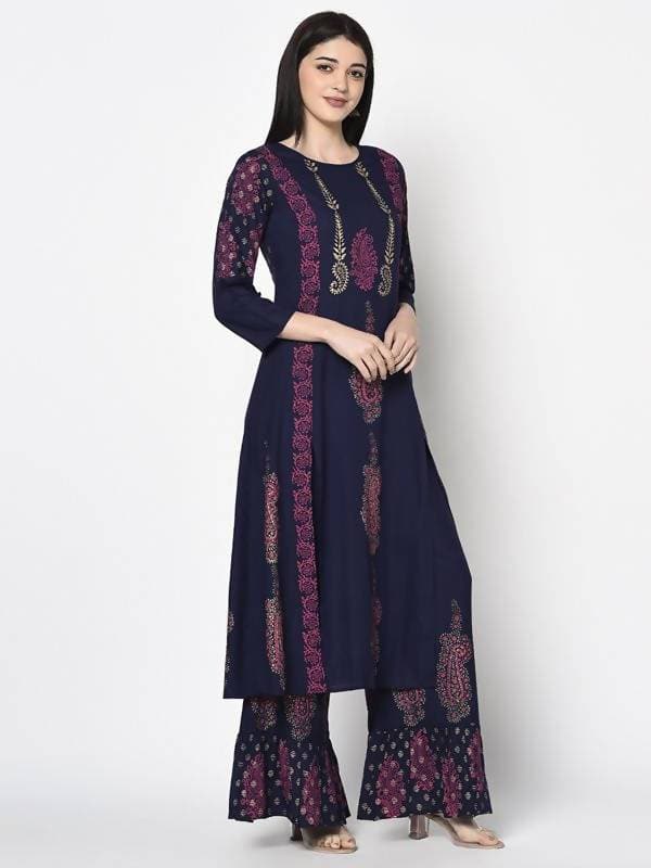 Aniyah Rayon Navy Blue Color Block Print A-line Flared Long Kurta With Two Front Slits (AN-215K) - Swadesiicart