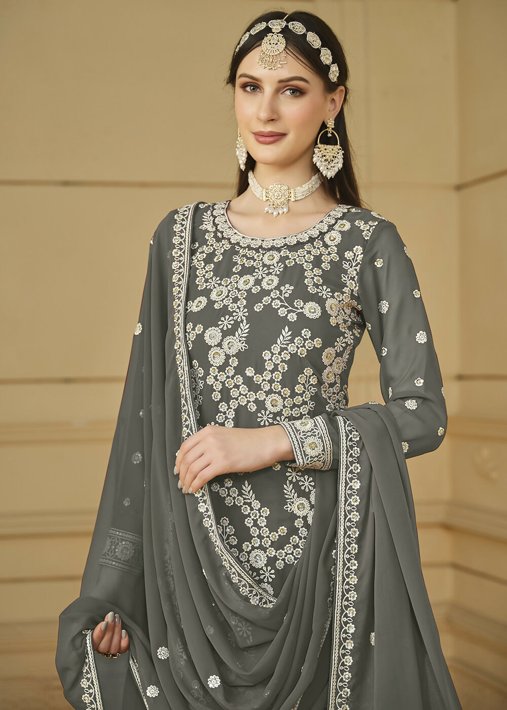 Stone Grey Embroidered Georgette Gharara Style Suit - Emponline | Swadesiicart