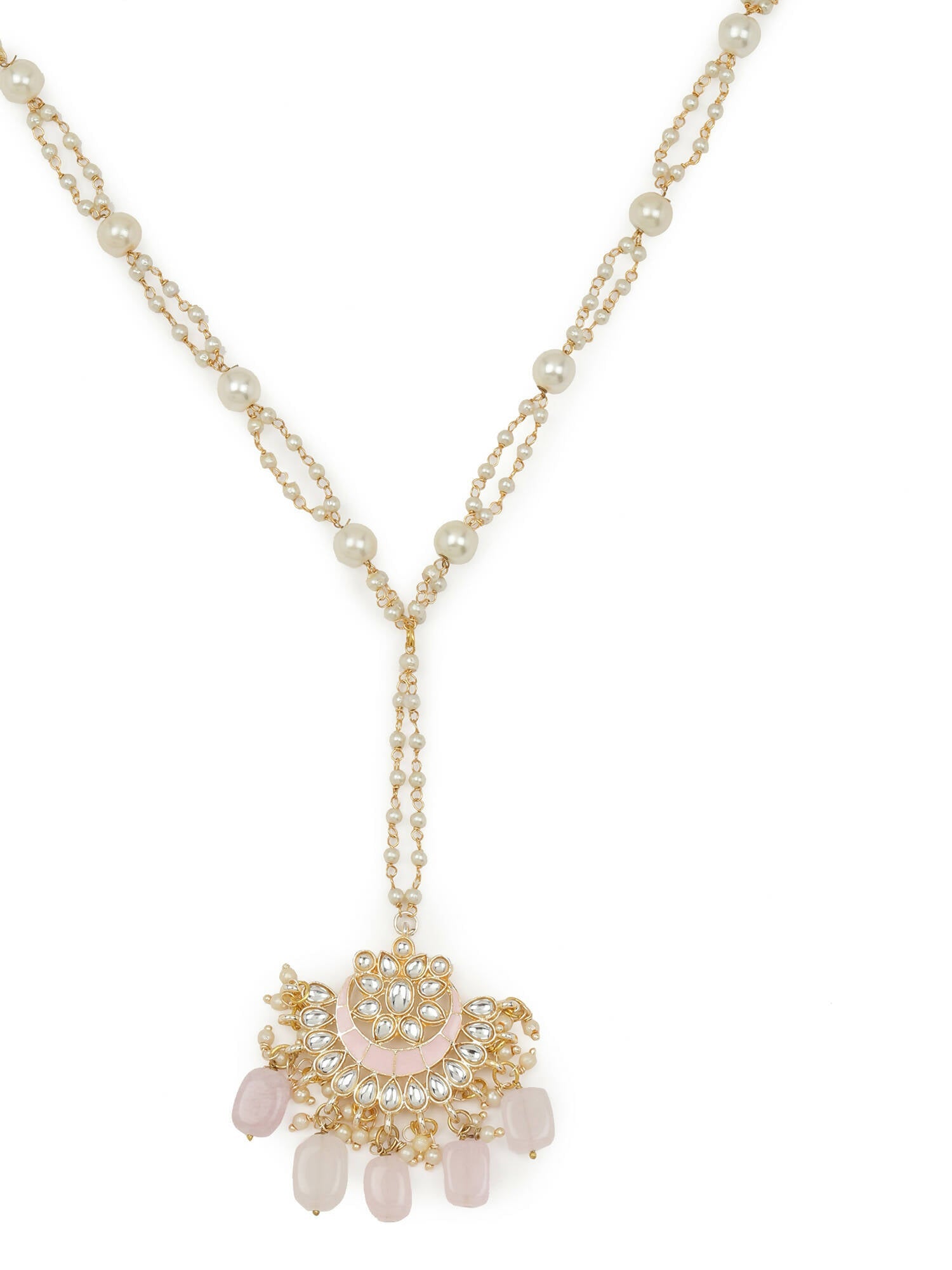 Gold-Polished White Kundan-Studded Pearl Beaded Matha Patti - Ruby Raang | Swadesiicart