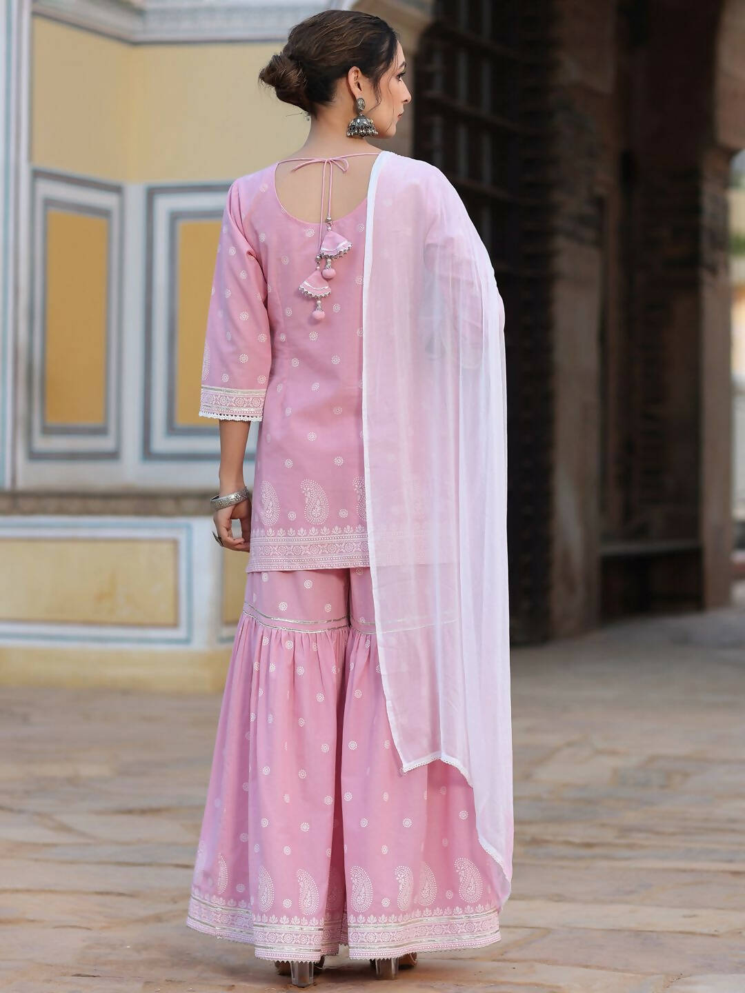 Juniper Women's Pink Cambric Floral Print Kurta Sharara Sets | Swadesiicart
