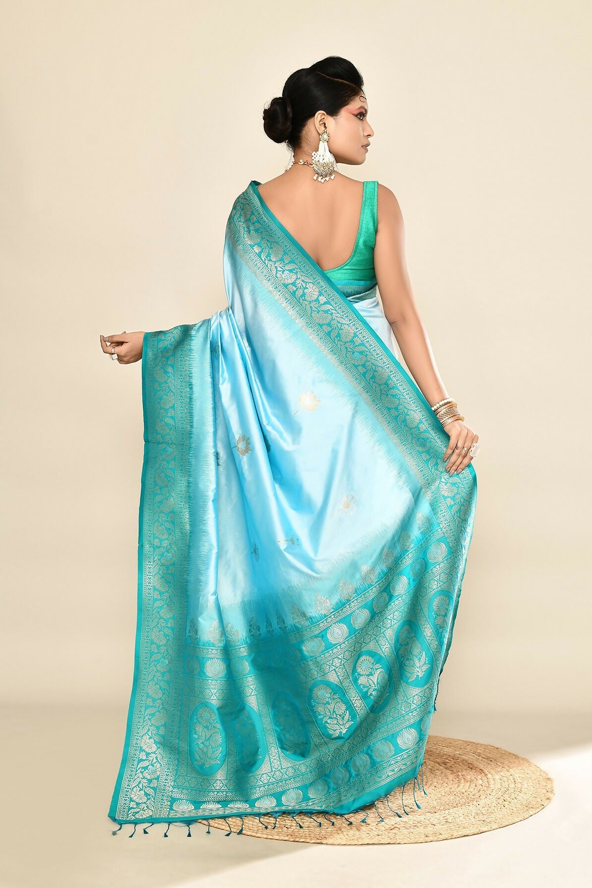 Joban Fashion Sky Blue & Rama Plain With Weaving Border Banarasi Silk Sarees | Swadesiicart