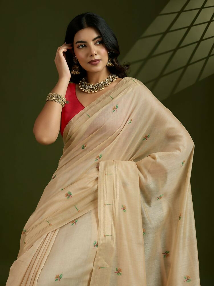 Vishnu Weaves Women's Chiku Muga Cotton Thread Woven Butti with Blouse - Swadesiicart
