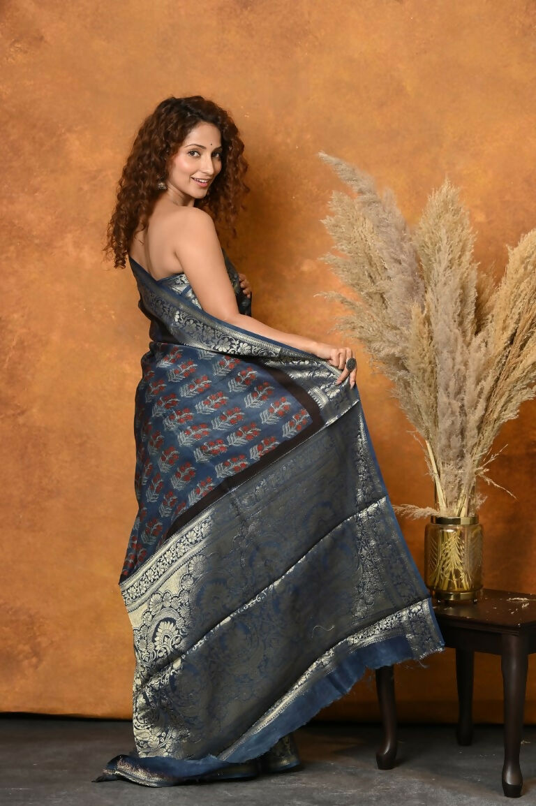 Very Much Indian Modal Silk Ajrakh Handblock Printed Natural Dyes With Designer Border Saree - Black | Swadesiicart