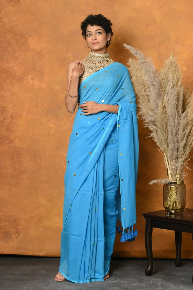 Very Much Indian Pure Mul Cotton Handloom Saree - Sky Blue | Swadesiicart