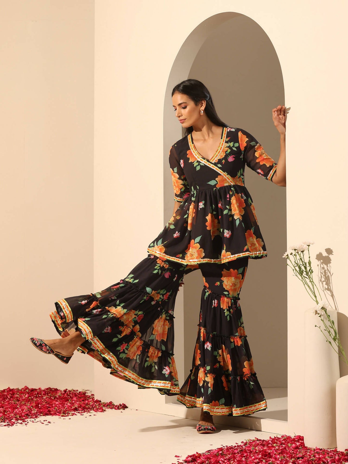 Pomcha Jaipur Black Gul Narangi Sharara Set | Swadesiicart