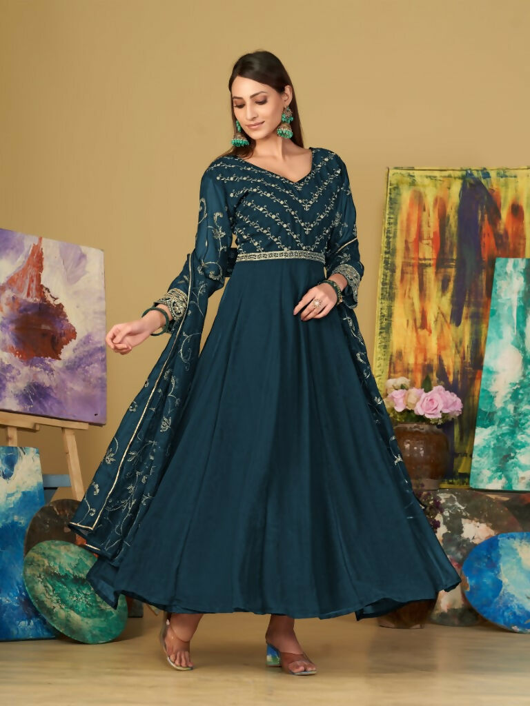 Jyoti Fashion Women's Teal Georgette Embroidered Anarkali Kurta Pant Set With Dupatta | Swadesiicart