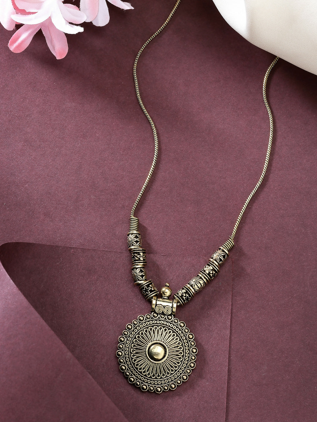 NVR Women's Gold-Polished Circular Shape Pendant with Chain | Swadesiicart