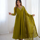 Lorenvalley Mahendi Faux Georgette Fancy Embroidery Beads And Jari Work Anarkali Kurta Palazzo With Dupatta Set | Swadesiicart
