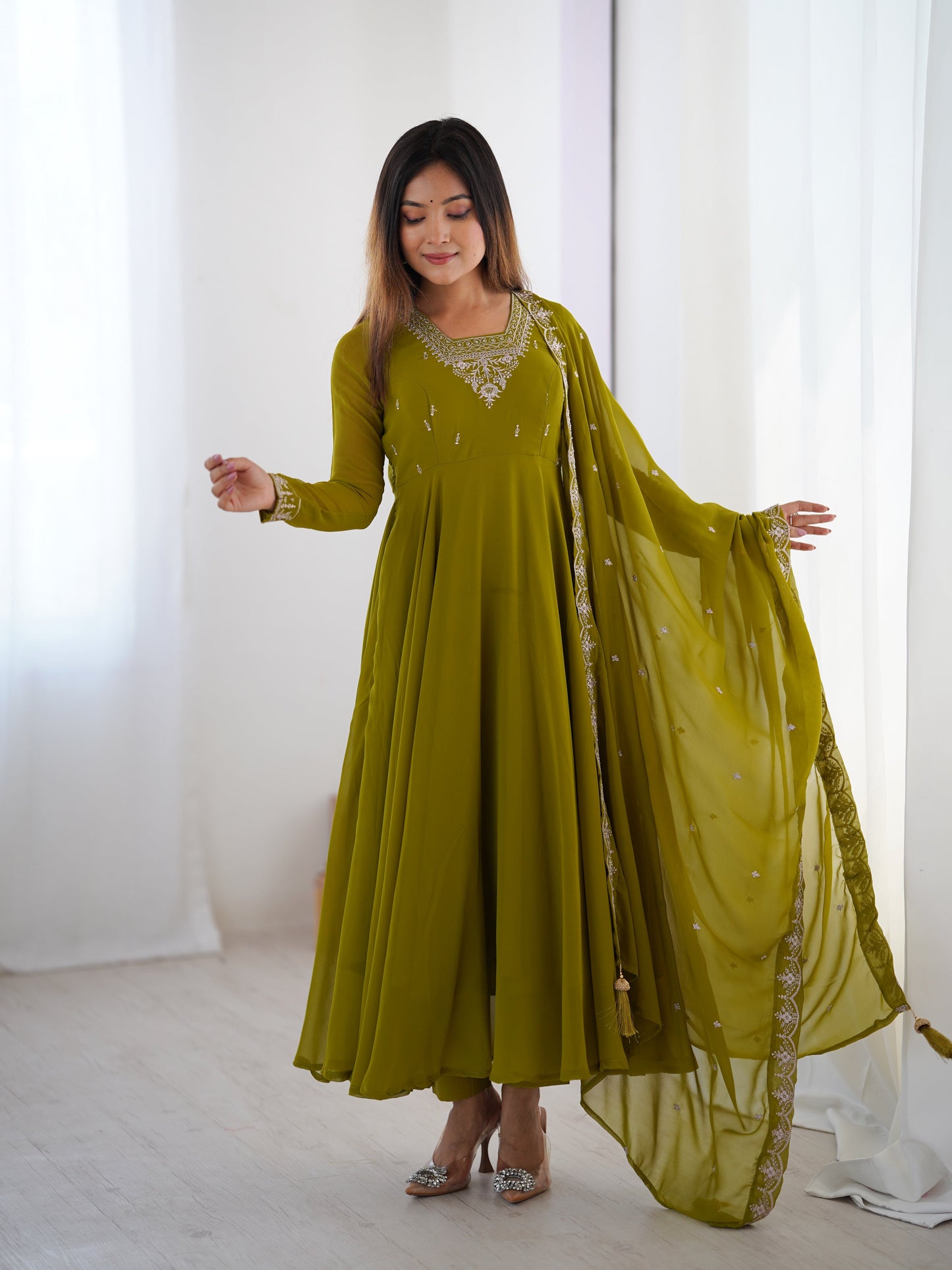 Lorenvalley Mahendi Faux Georgette Fancy Embroidery Beads And Jari Work Anarkali Kurta Palazzo With Dupatta Set | Swadesiicart