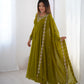 Lorenvalley Mahendi Faux Georgette Fancy Embroidery Beads And Jari Work Anarkali Kurta Palazzo With Dupatta Set | Swadesiicart