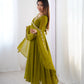 Lorenvalley Mahendi Faux Georgette Fancy Embroidery Beads And Jari Work Anarkali Kurta Palazzo With Dupatta Set | Swadesiicart