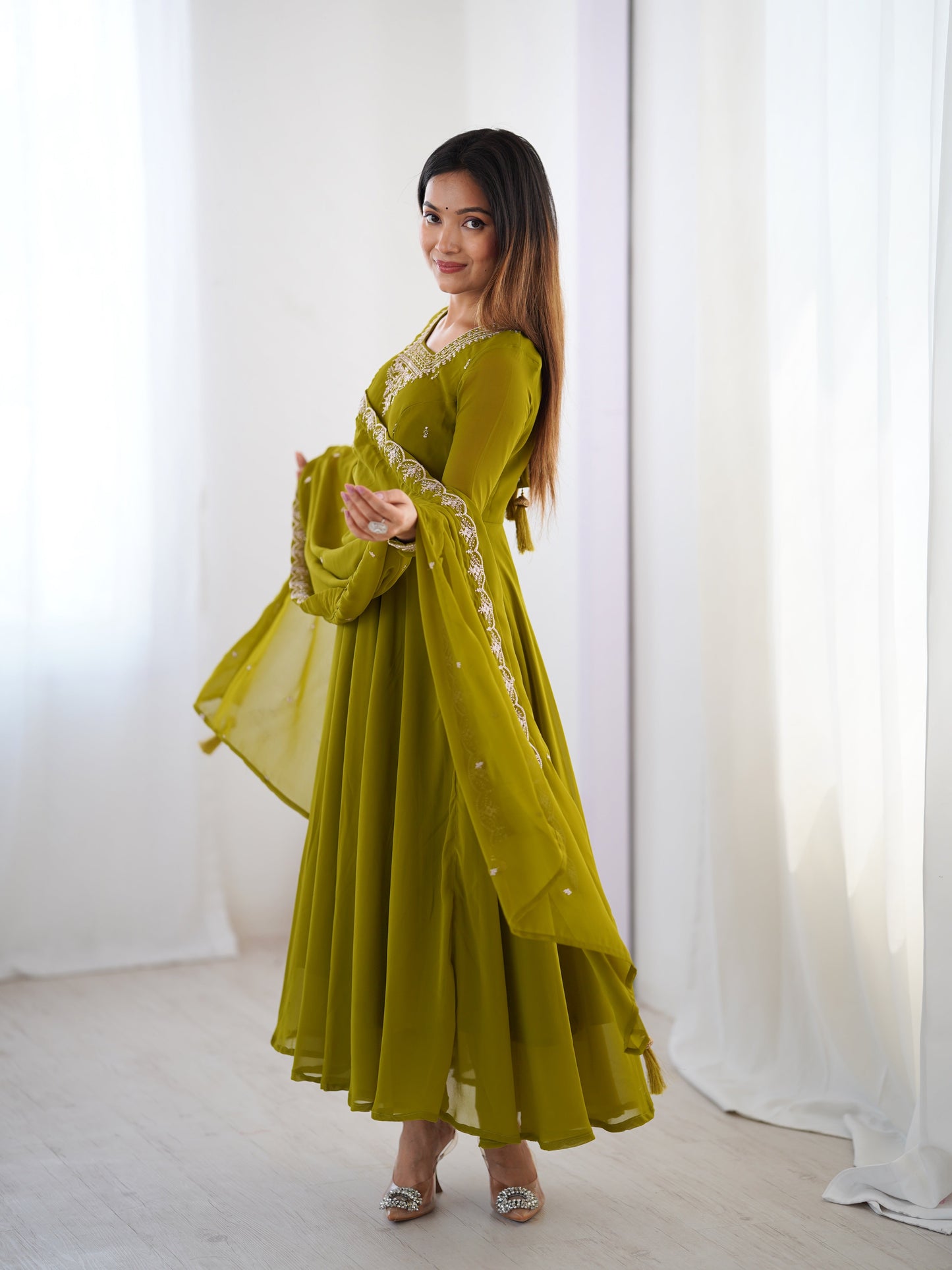 Lorenvalley Mahendi Faux Georgette Fancy Embroidery Beads And Jari Work Anarkali Kurta Palazzo With Dupatta Set | Swadesiicart