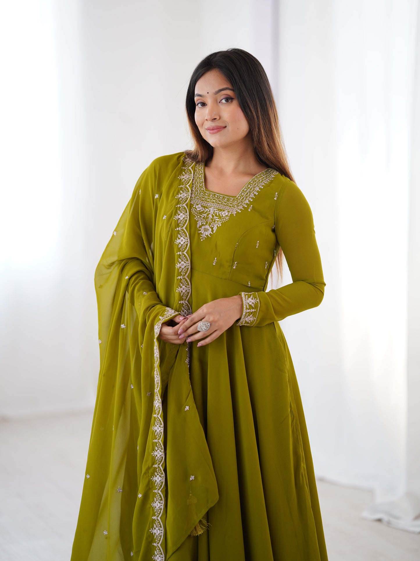 Lorenvalley Mahendi Faux Georgette Fancy Embroidery Beads And Jari Work Anarkali Kurta Palazzo With Dupatta Set | Swadesiicart