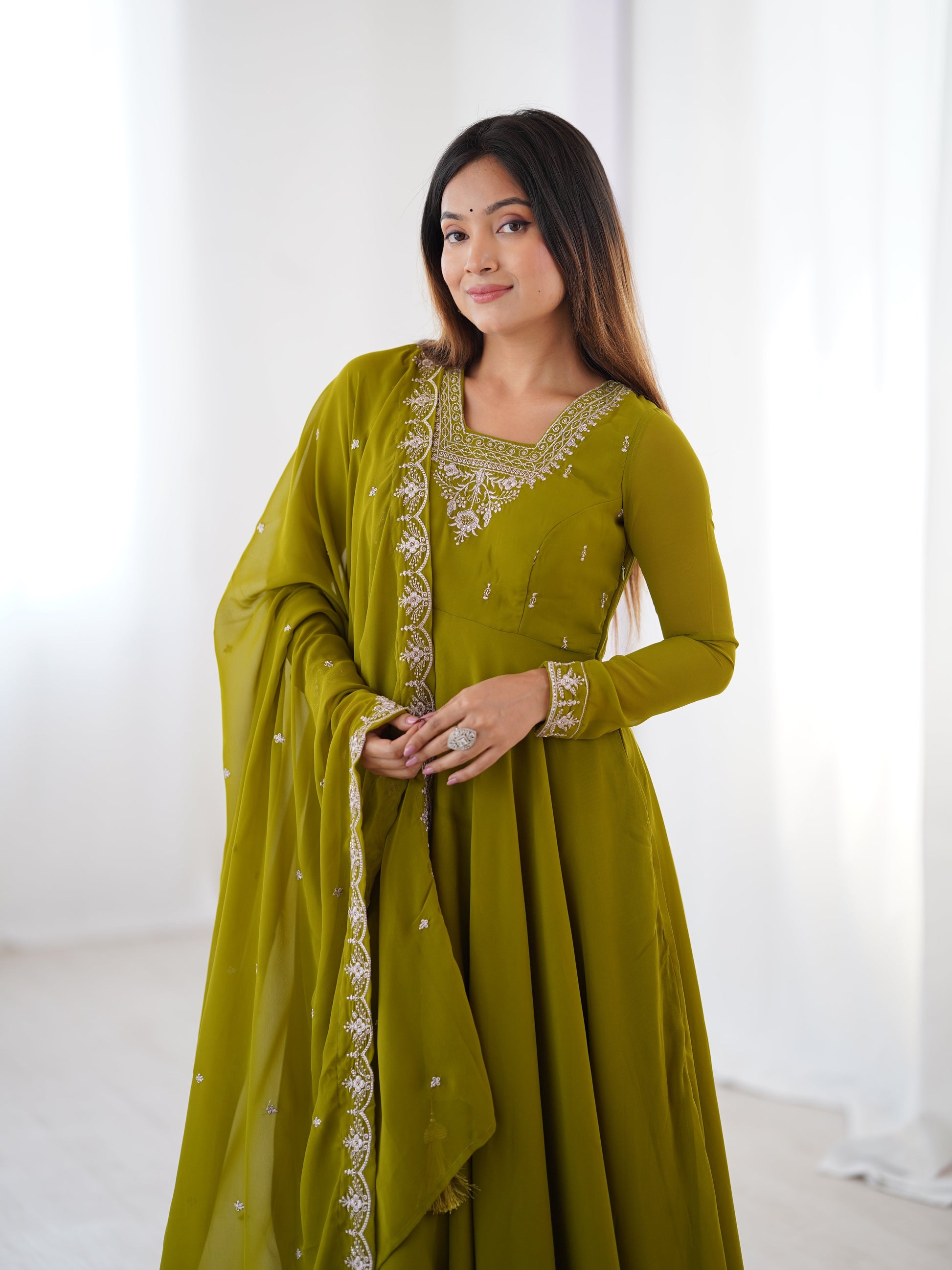 Lorenvalley Mahendi Faux Georgette Fancy Embroidery Beads And Jari Work Anarkali Kurta Palazzo With Dupatta Set | Swadesiicart