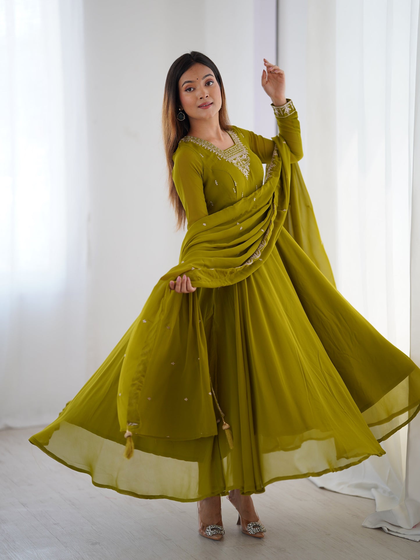Lorenvalley Mahendi Faux Georgette Fancy Embroidery Beads And Jari Work Anarkali Kurta Palazzo With Dupatta Set | Swadesiicart