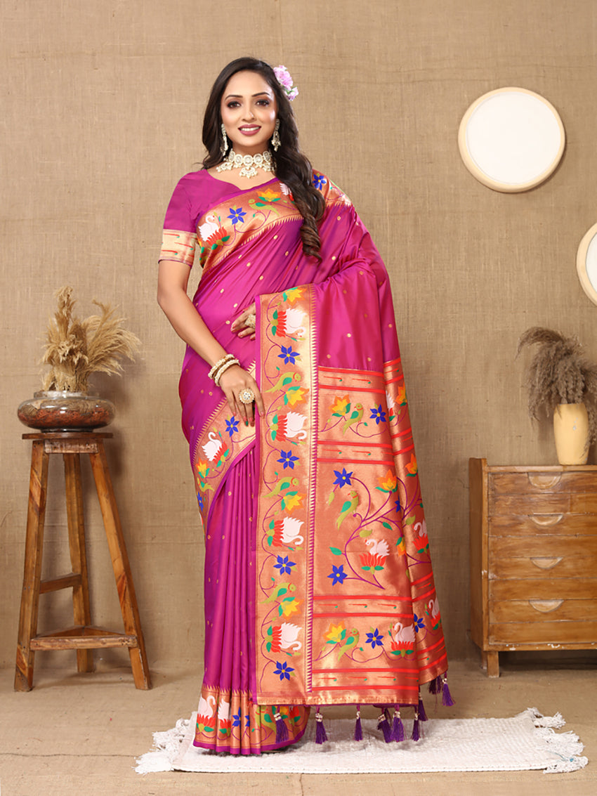Lorenvalley Fashion Magenta Soft Paithani Silk Woven Design Rich Zari Meenakari Weaving Saree - Swadesiicart
