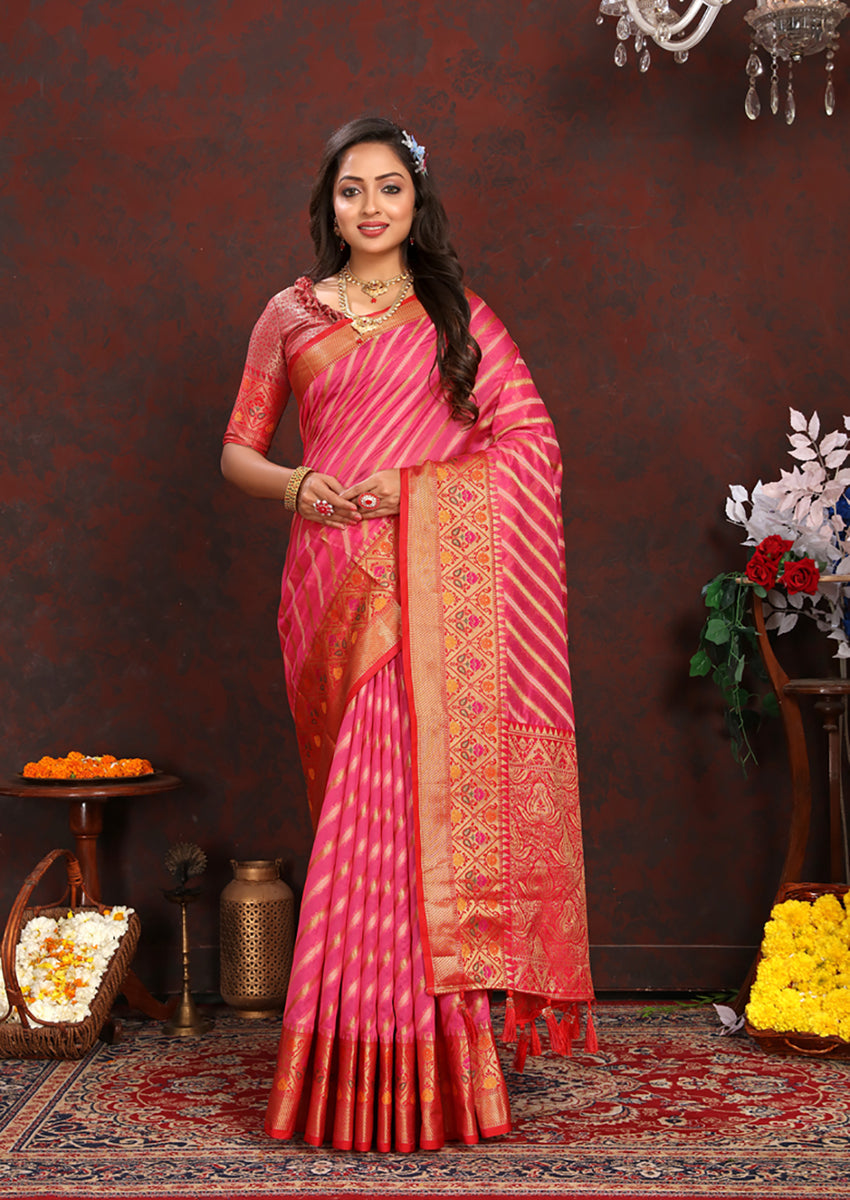 Lorenvalley Fashion Magenta Organza Silk Woven Design with Rich Meenakari Weaving Pallu Saree - Swadesiicart