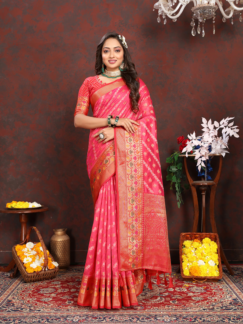 Lorenvalley Fashion Magenta Organza Silk Woven Design with Rich Meenakari Weaving Pallu Saree - Swadesiicart