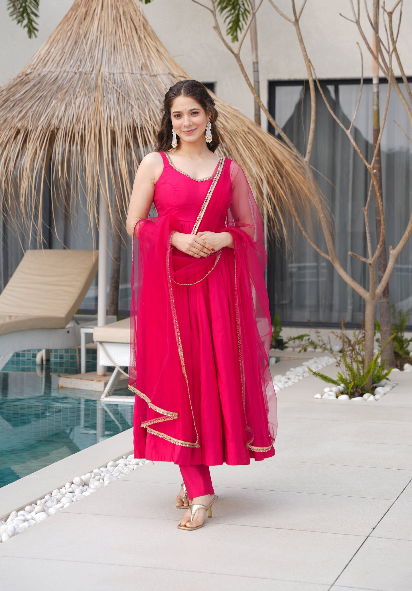 Lorenvalley Magenta Pure Romansilk Chanderi Fabric Yoke Fancy Lace Work Anarkali Kurta Pant With Dupatta Set | Swadesiicart