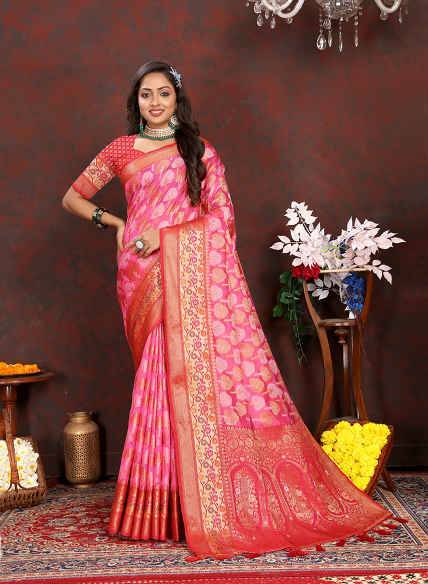 Lorenvalley Fashion Magenta Organza Silk Woven Design with Rich Meenakari Weaving Pallu Saree - Swadesiicart