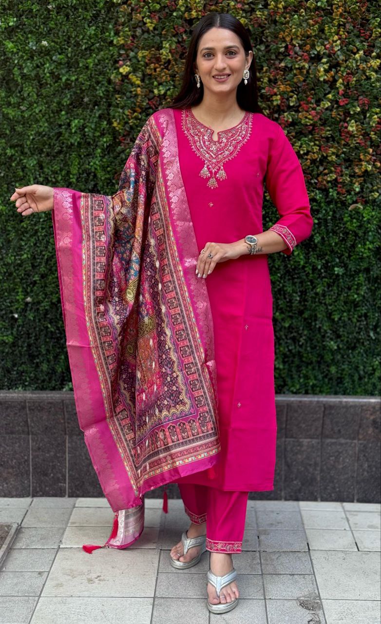 Lorenvalley Fashion Magenta Roman Silk Embroidery Multi Work Kurta Pant with Dupatta - Swadesiicart