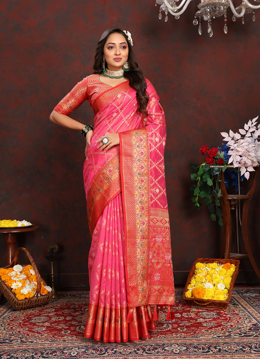 Lorenvalley Fashion Magenta Organza Silk Woven Design with Rich Meenakari Weaving Pallu Saree - Swadesiicart