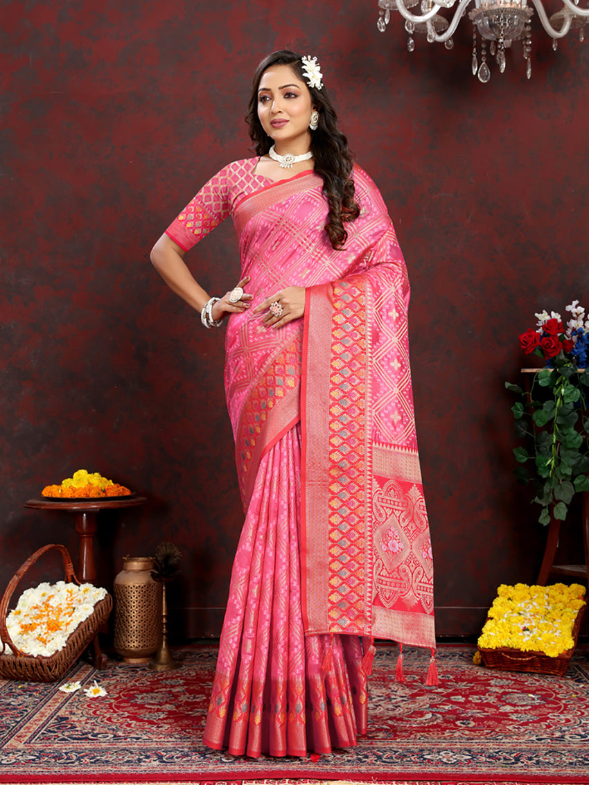 Lorenvalley Fashion Magenta Organza Silk Woven Design with Rich Meenakari Weaving Pallu Saree - Swadesiicart