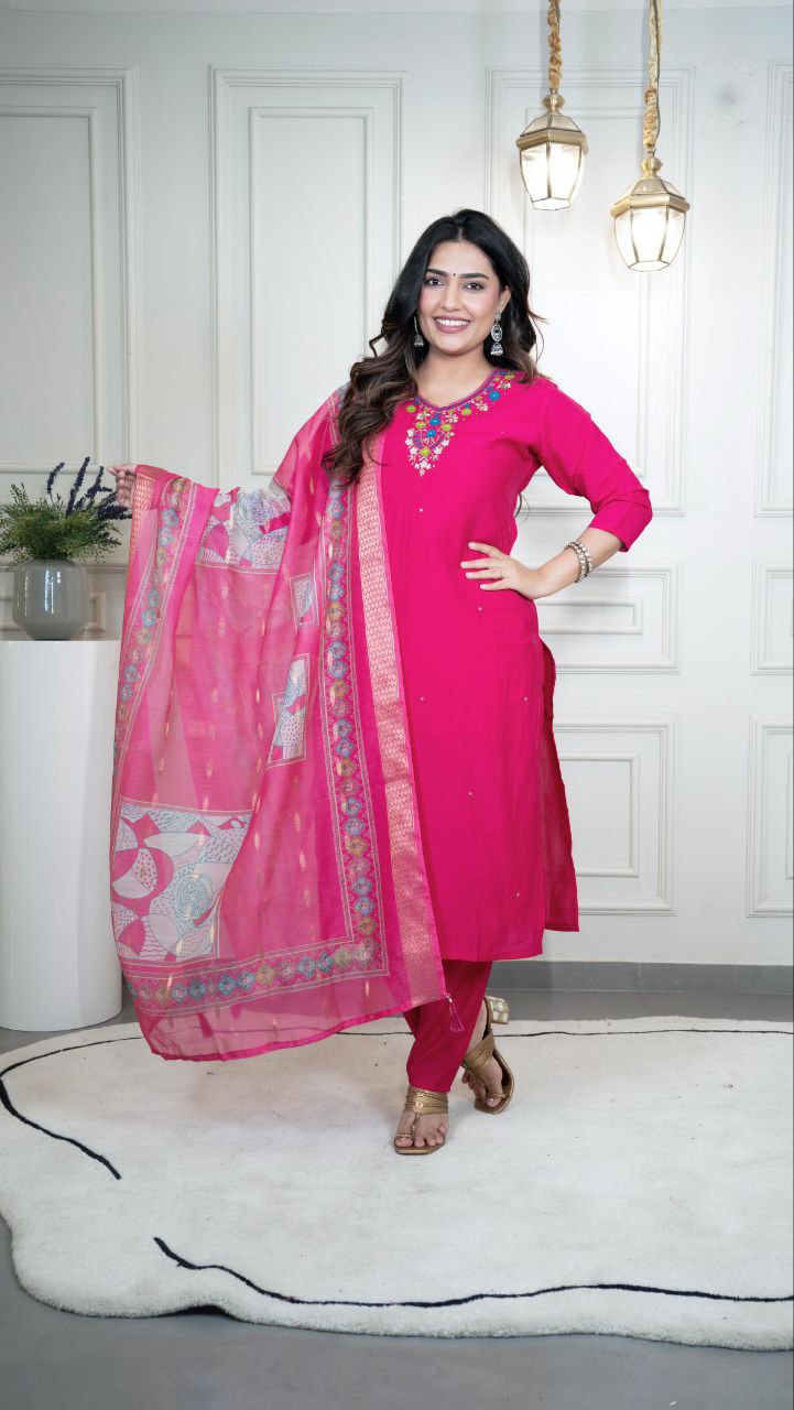 Lorenvalley Fashion Magenta Roman Silk Hand Work Kurta Pant with Dupatta - Swadesiicart