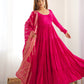 Lorenvalley Women Pure Roman silk Chanderi Fabric Layer Gathering Anarkali Kurta Pant With Dupatta Set - Magenta | Swadesiicart