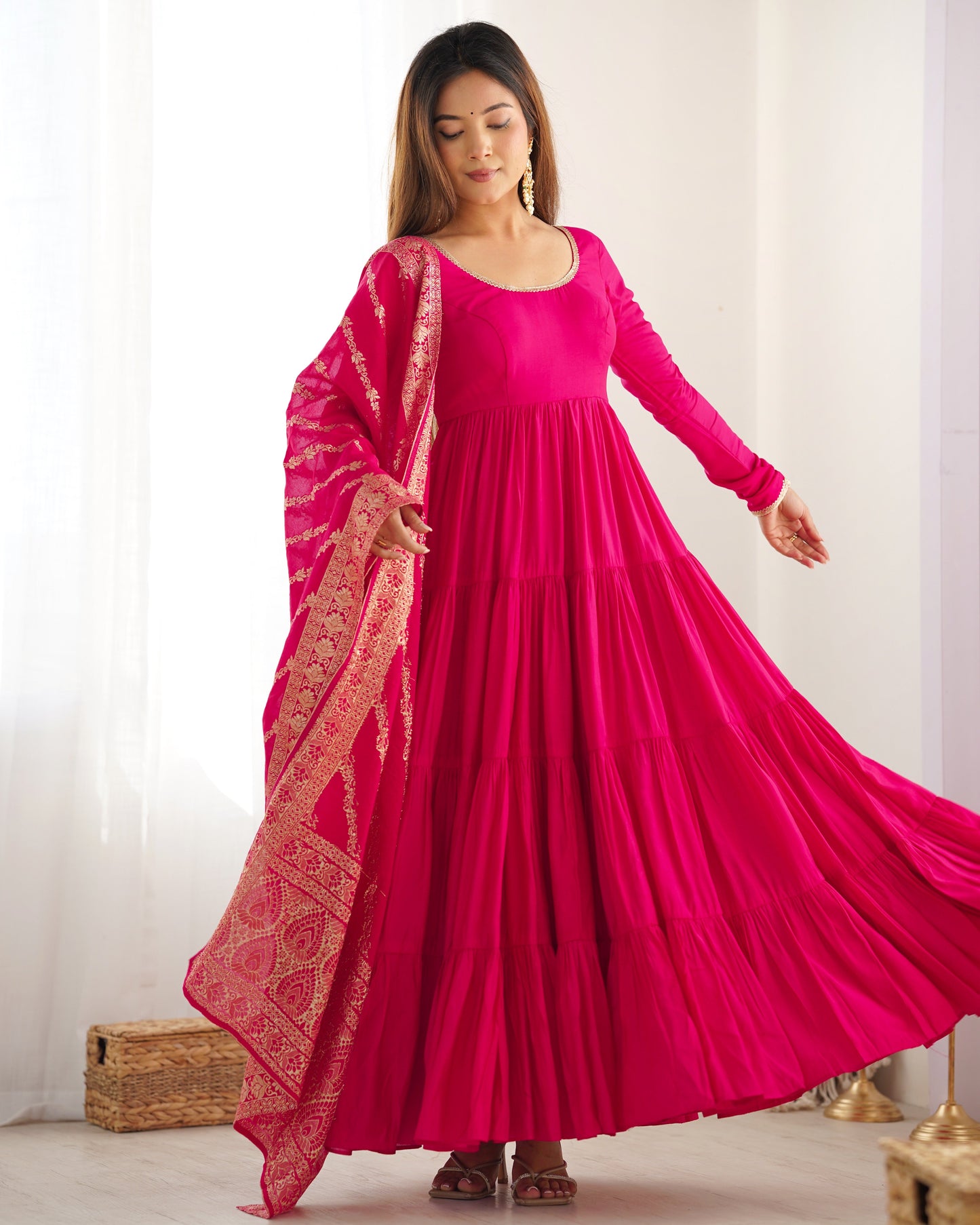 Lorenvalley Women Pure Roman silk Chanderi Fabric Layer Gathering Anarkali Kurta Pant With Dupatta Set - Magenta | Swadesiicart