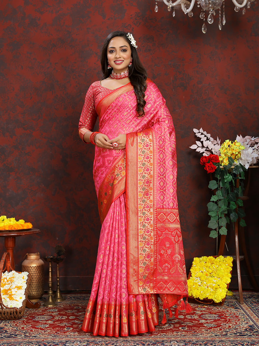 Lorenvalley Fashion Magenta Organza Silk Woven Design with Rich Meenakari Weaving Pallu Saree - Swadesiicart