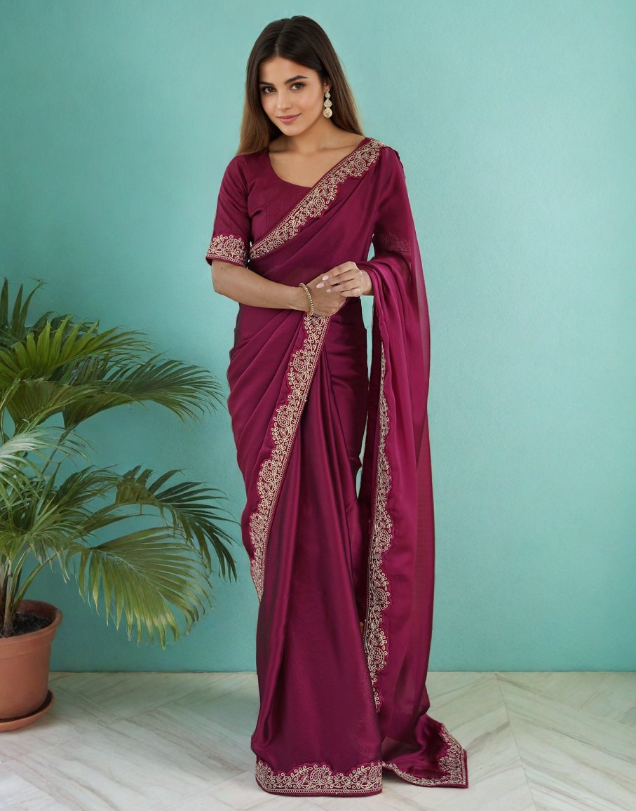 Lorenvalley Fashion Dark Magenta Rangoli Silk with Coding Lace Work Saree with Blouse - Swadesiicart
