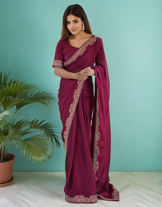 Lorenvalley Fashion Dark Magenta Rangoli Silk with Coding Lace Work Saree with Blouse - Swadesiicart