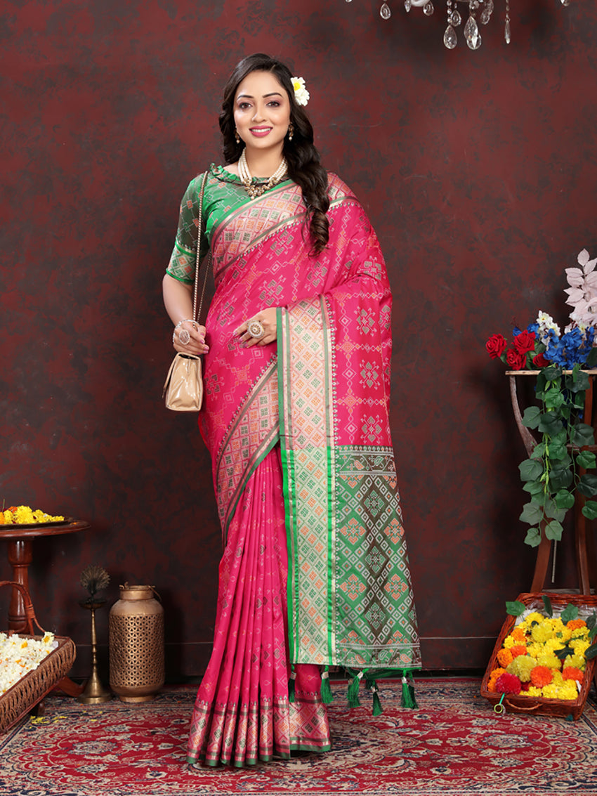Lorenvalley Fashion Magenta Patola Silk Woven Design with Zari Meenakari Weaving motifs Pallu Saree - Swadesiicart