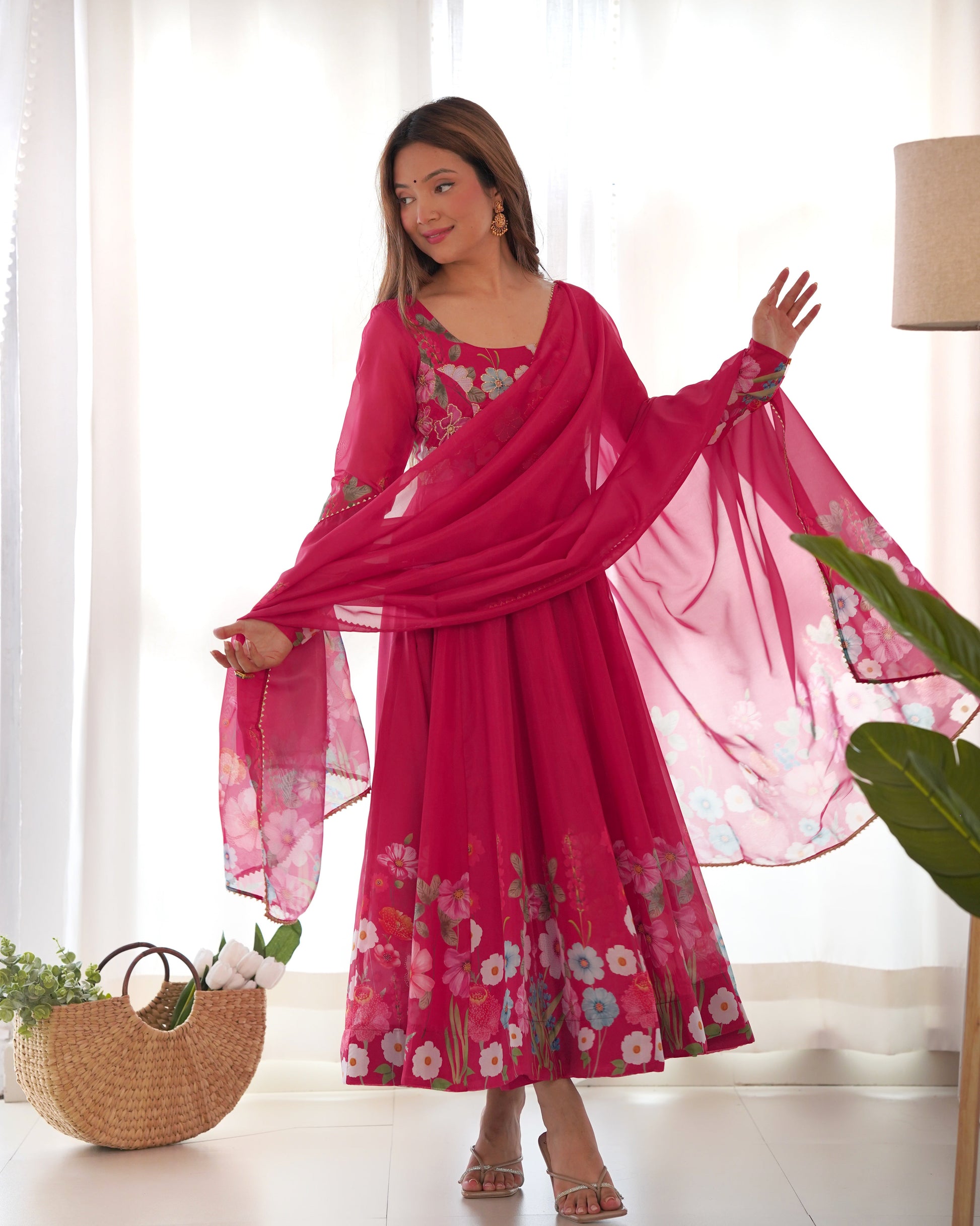 Lorenvalley Parrot Soft Organza Silk With Floral Print Fully Flared Anarkali Pant With Dupatta Set - Magenta | Swadesiicart