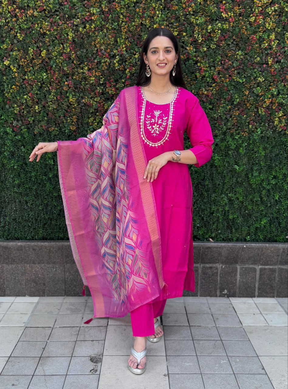 Lorenvalley Fashion Magenta Roman Silk Hand Work Kurta Pant with Dupatta - Swadesiicart