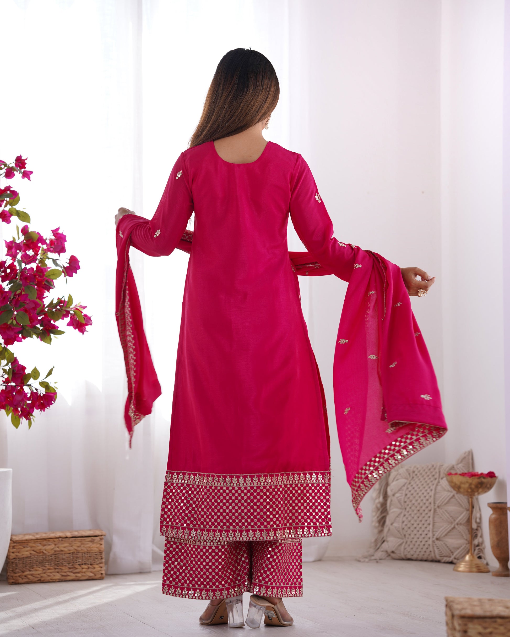 Lorenvalley Magenta Chinon Silk Embroidery Sequence and Jari Work Kurta Trousers with Dupatta Set | Swadesiicart