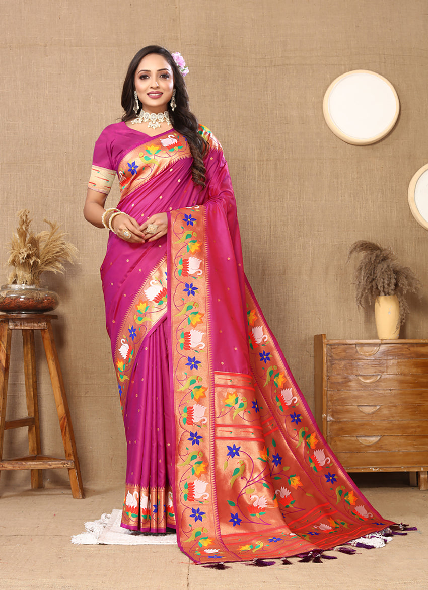 Lorenvalley Fashion Magenta Soft Paithani Silk Woven Design Rich Zari Meenakari Weaving Saree - Swadesiicart