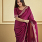 Lorenvalley Fashion Dark Magenta Rangoli Silk with Coding Lace Work Saree with Blouse - Swadesiicart