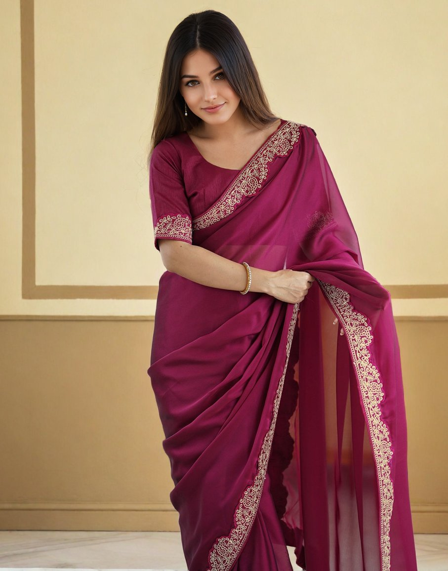 Lorenvalley Fashion Dark Magenta Rangoli Silk with Coding Lace Work Saree with Blouse - Swadesiicart