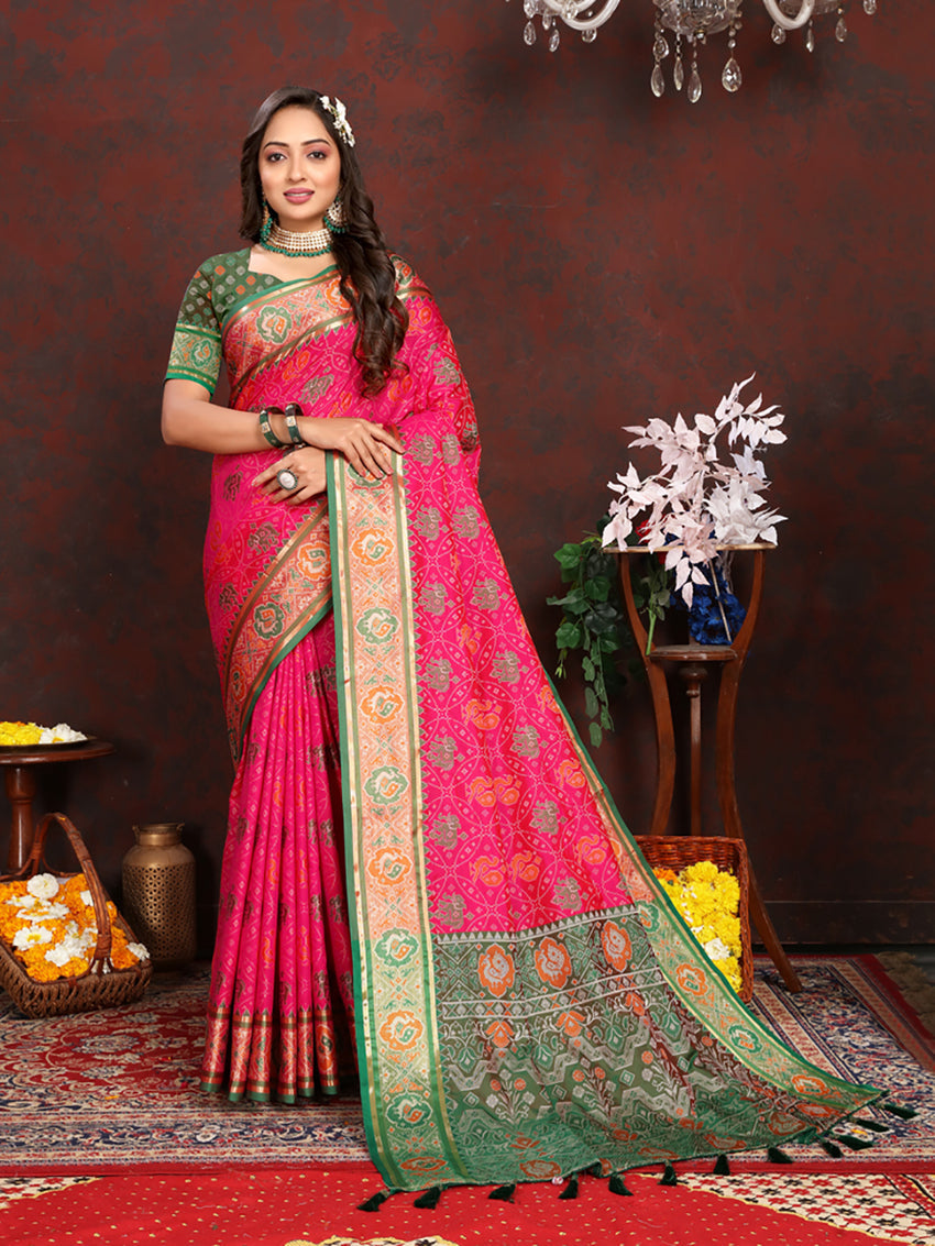 Lorenvalley Fashion Magenta Patola Silk Woven Design with Zari Meenakari Weaving motifs Pallu Saree - Swadesiicart
