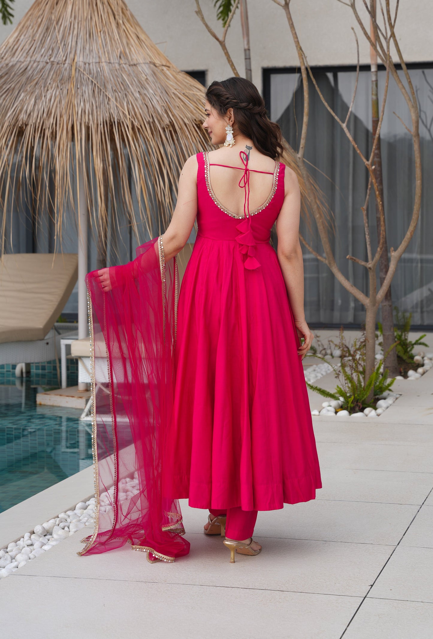 Lorenvalley Magenta Pure Romansilk Chanderi Fabric Yoke Fancy Lace Work Anarkali Kurta Pant With Dupatta Set | Swadesiicart