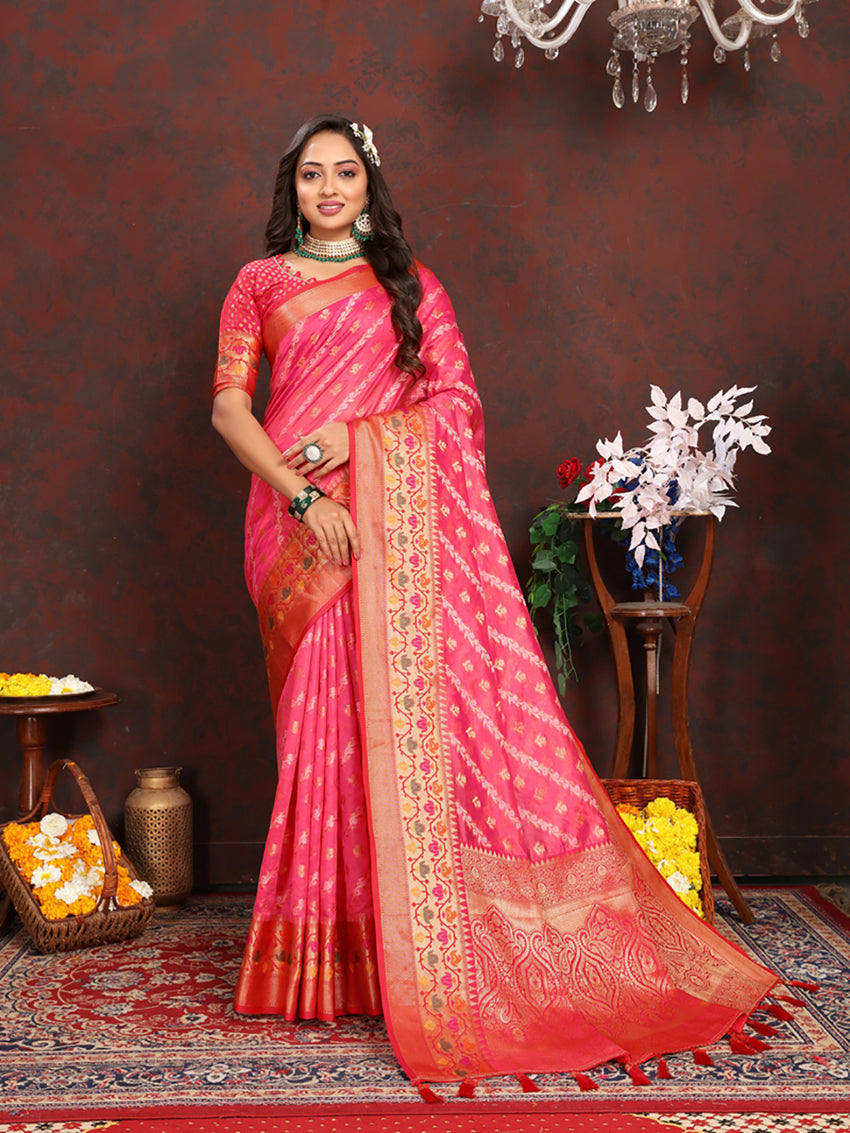 Lorenvalley Fashion Magenta Organza Silk Woven Design with Rich Meenakari Weaving Pallu Saree - Swadesiicart
