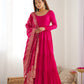 Lorenvalley Women Pure Roman silk Chanderi Fabric Layer Gathering Anarkali Kurta Pant With Dupatta Set - Magenta | Swadesiicart