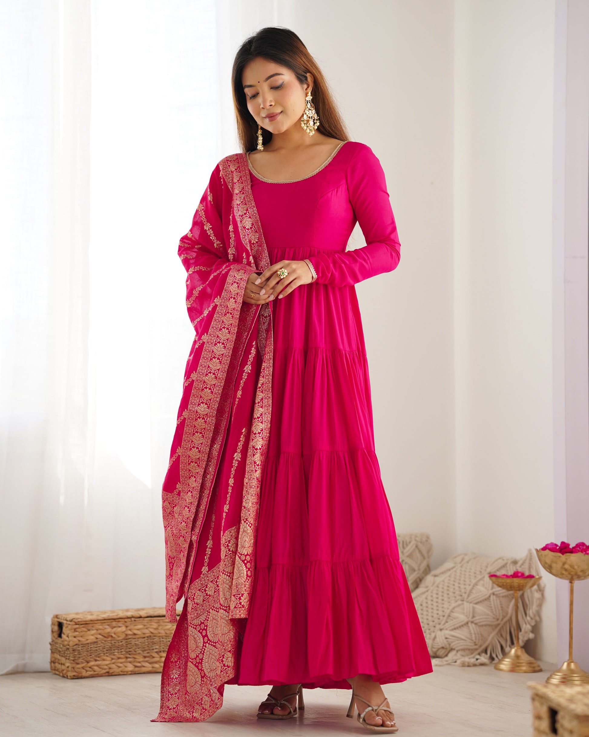 Lorenvalley Women Pure Roman silk Chanderi Fabric Layer Gathering Anarkali Kurta Pant With Dupatta Set - Magenta | Swadesiicart