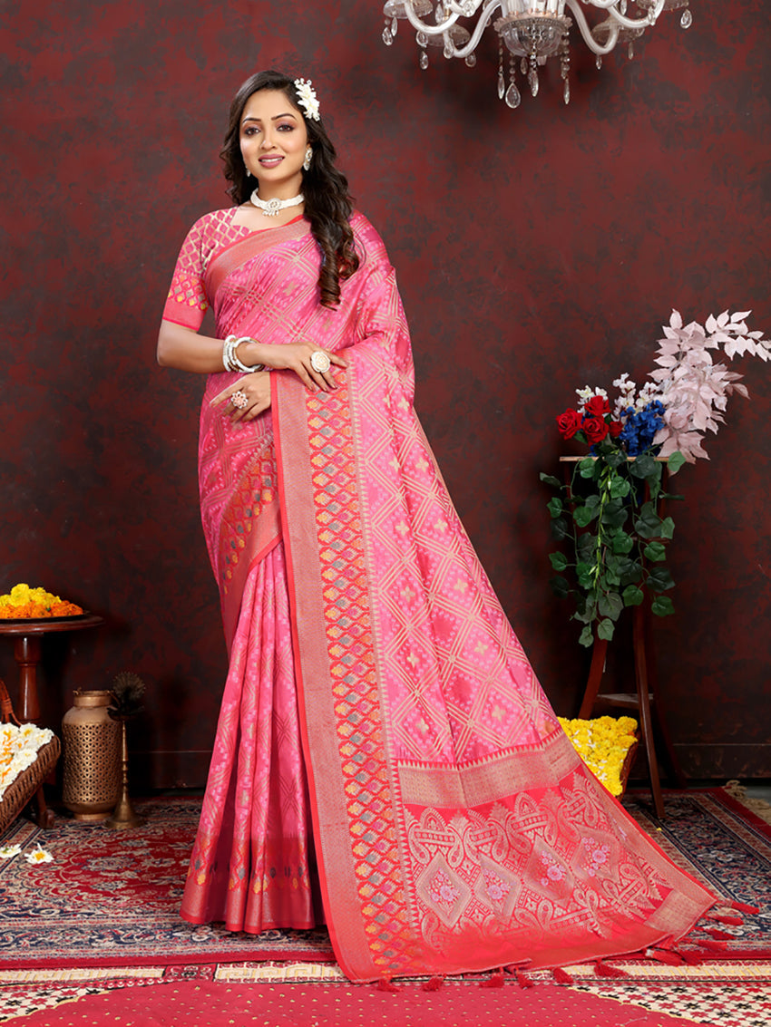 Lorenvalley Fashion Magenta Organza Silk Woven Design with Rich Meenakari Weaving Pallu Saree - Swadesiicart