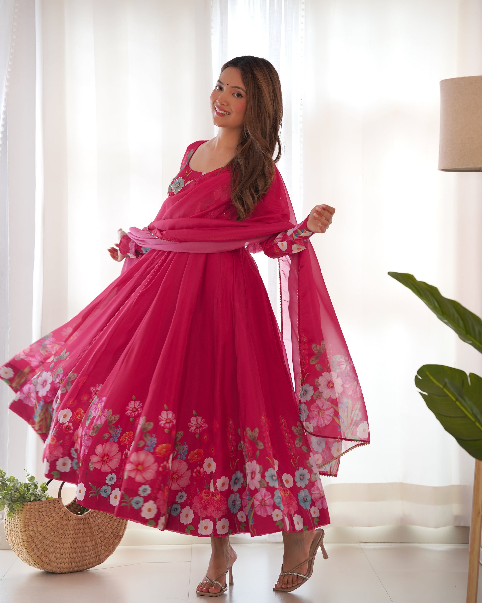 Lorenvalley Parrot Soft Organza Silk With Floral Print Fully Flared Anarkali Pant With Dupatta Set - Magenta | Swadesiicart