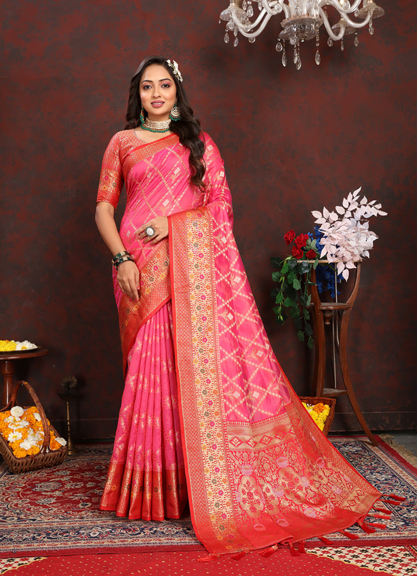Lorenvalley Fashion Magenta Organza Silk Woven Design with Rich Meenakari Weaving Pallu Saree - Swadesiicart