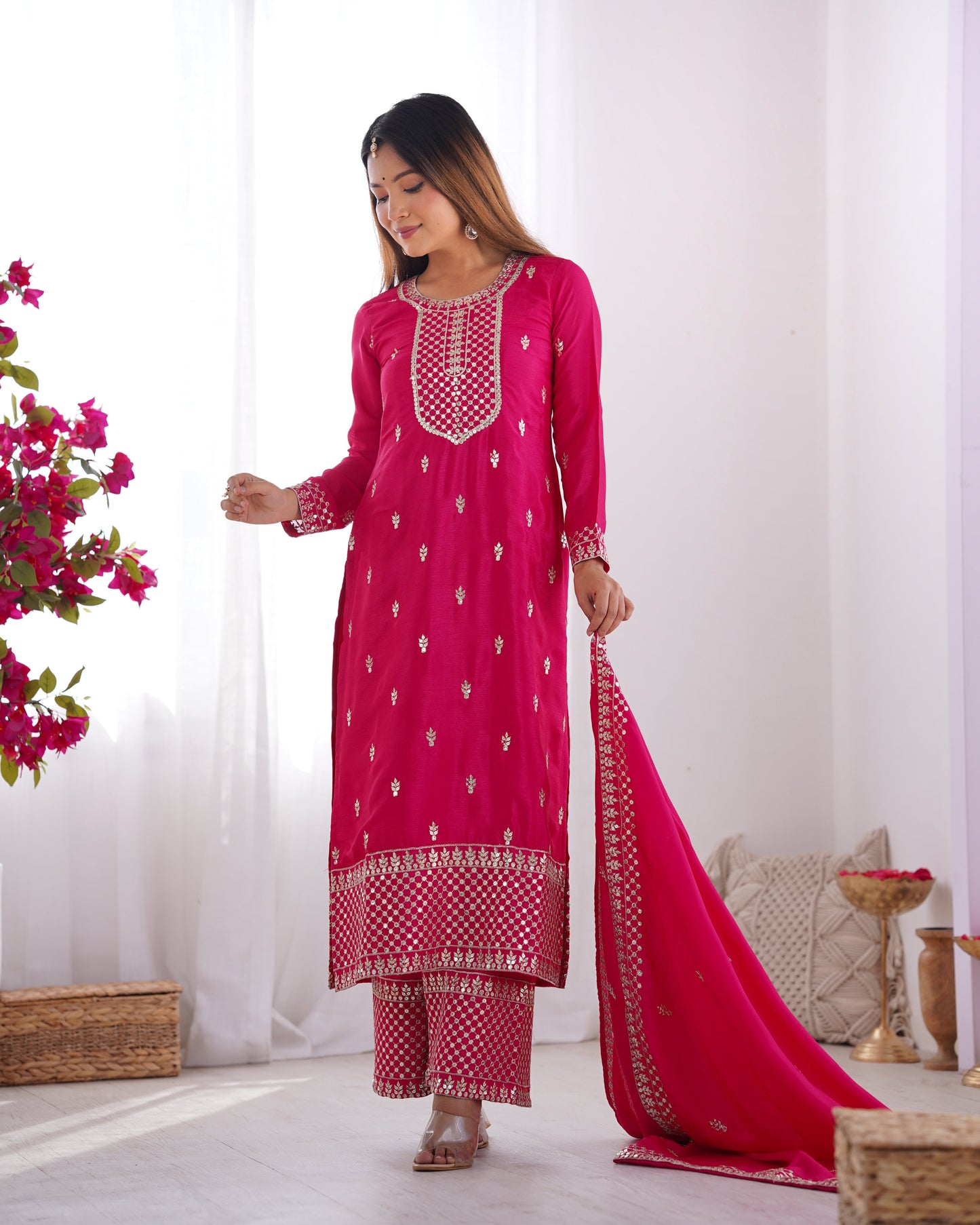 Lorenvalley Magenta Chinon Silk Embroidery Sequence and Jari Work Kurta Trousers with Dupatta Set | Swadesiicart