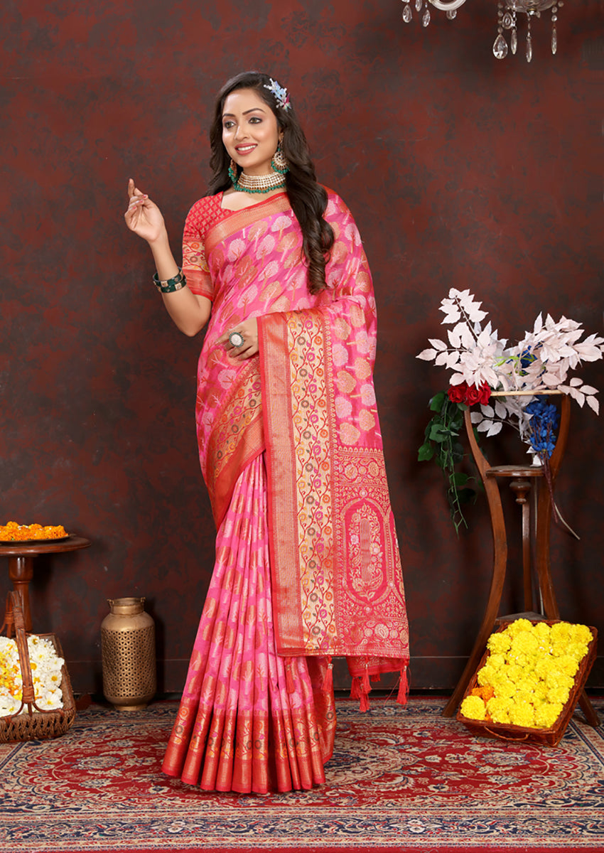 Lorenvalley Fashion Magenta Organza Silk Woven Design with Rich Meenakari Weaving Pallu Saree - Swadesiicart